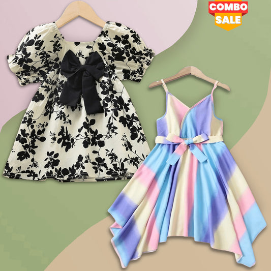 BabyGirl Princess Floral & Multi Lining Tunic Dress (Combo Pack Of 2) for Baby Girls.