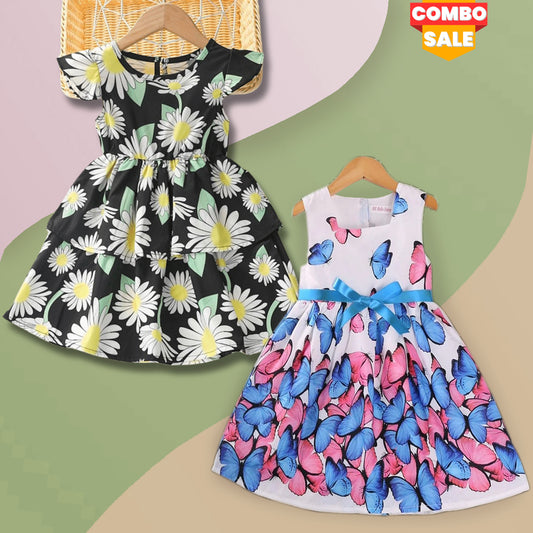 BabyGirl Cotton Black Sun Flower & Butterfly Tunic Dress Combo Pack for Baby Girls.