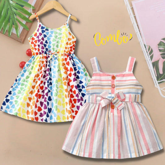 Baby New Fashion Heart & Multicolor Lining Cami Dresses (Combo Pack Of 2) for Baby Girls.