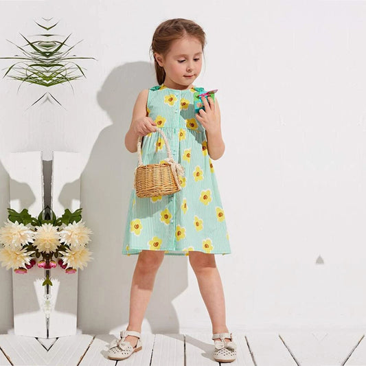 Stylish BabyGirl's Light Green Striped Sunflower & Floral Dresses_Frocks (Combo Pack Of 3) For Kids.