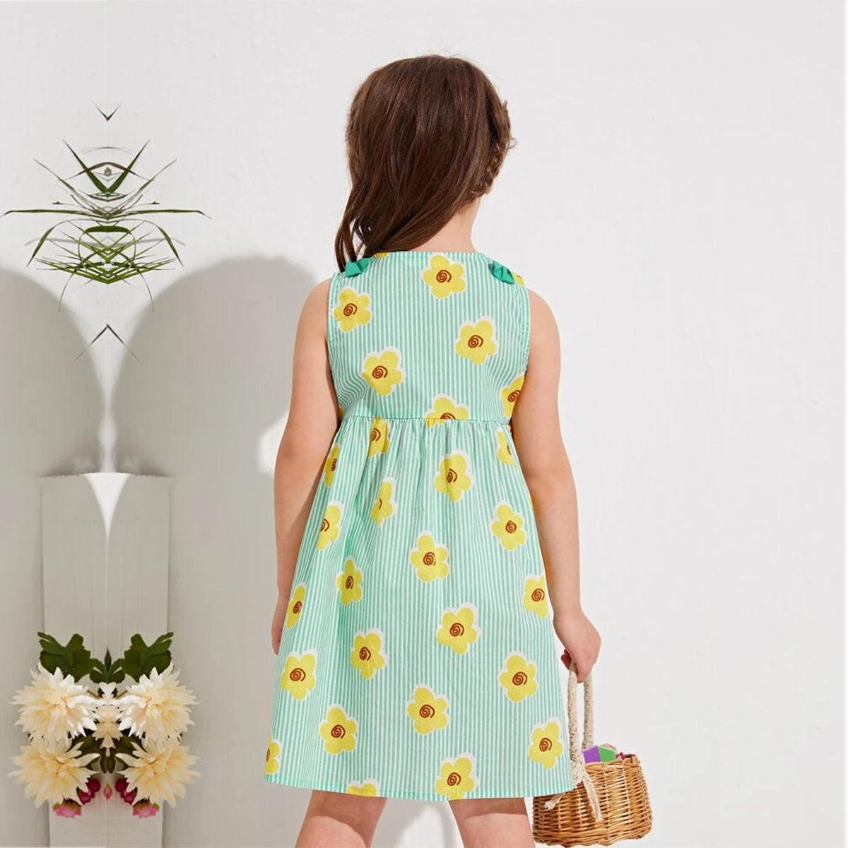 BabyGirl's Stylish Designer Light Green Vertical Sun_Flower & Floral Dresses (Combo Pack Of 2) for Baby Girl.