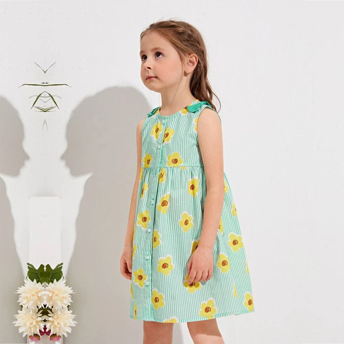 BabyGirl's Stylish Designer Light Green Vertical Sun_Flower & Floral Dresses (Combo Pack Of 2) for Baby Girl.
