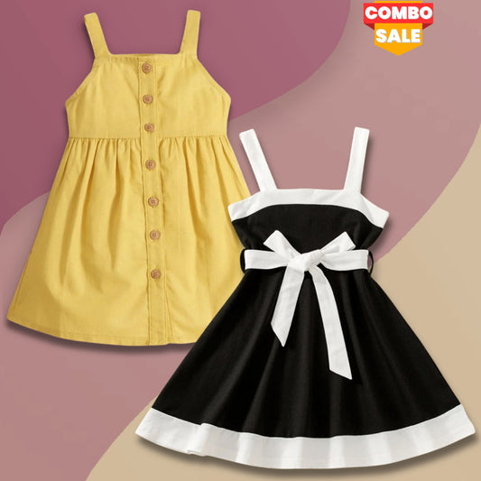 Princess BabyGirl's Stylish Yellow Button Front & Black Tunic Dresses_Frocks (Combo Pack Of 2) for Kids
