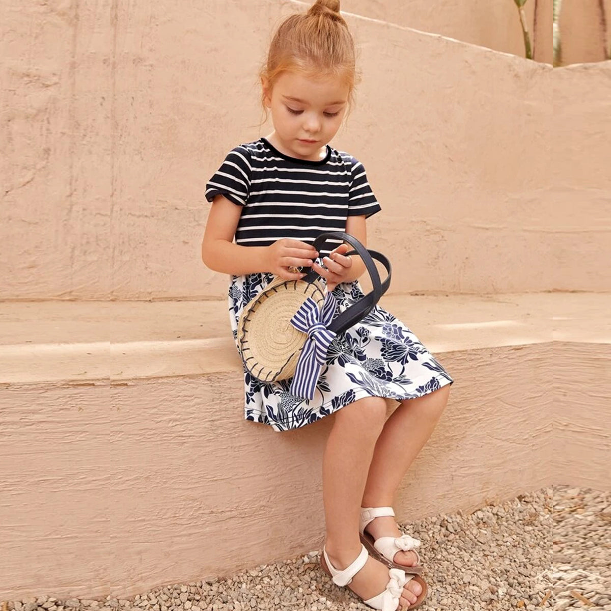 Kid's Stylish Designer Black Stripe Floral Tunic Dresses (Combo Pack Of 2) For Baby Girl.