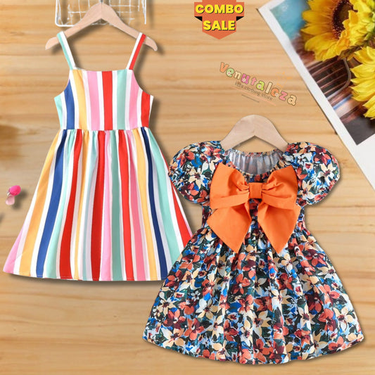 Baby Girl's Multi_color Line Frocks & Puff Sleeve Floral Frock (Combo Pack Of 2) For Girl's.