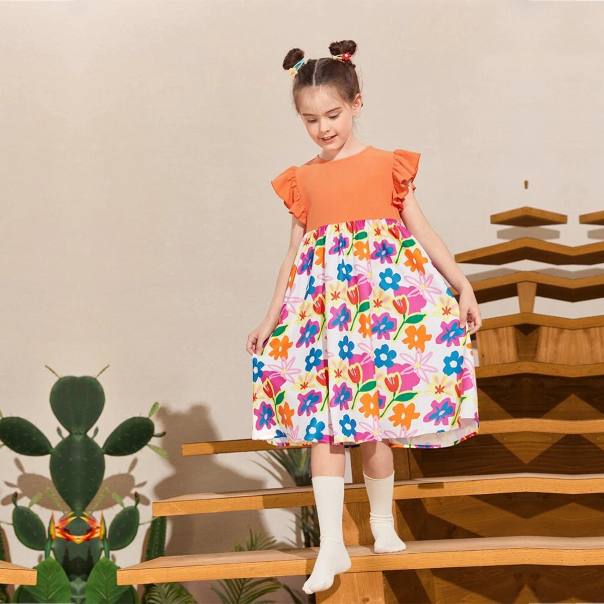 Stylish BabyGirl's Heart & Ornage Floral & Striped Dresses_Frocks (Combo Pack Of 3) For Kids.
