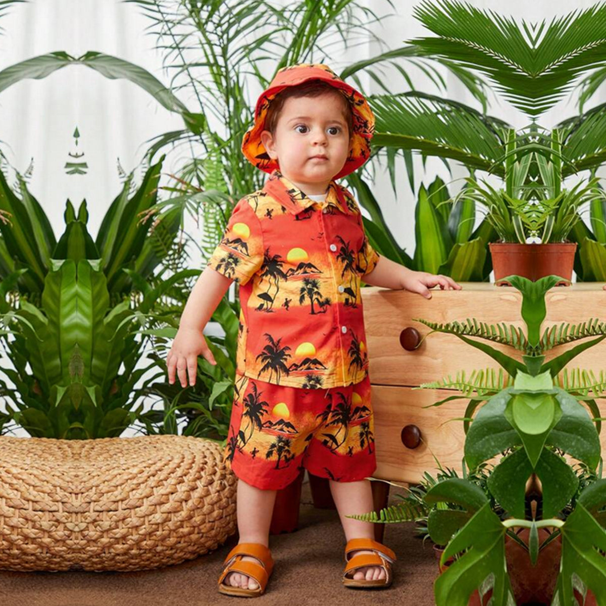 Venutaloza Stylish Kid's Tropical Tree Print Shirt & Shorts Without Cap & Tee Two Piece Set.