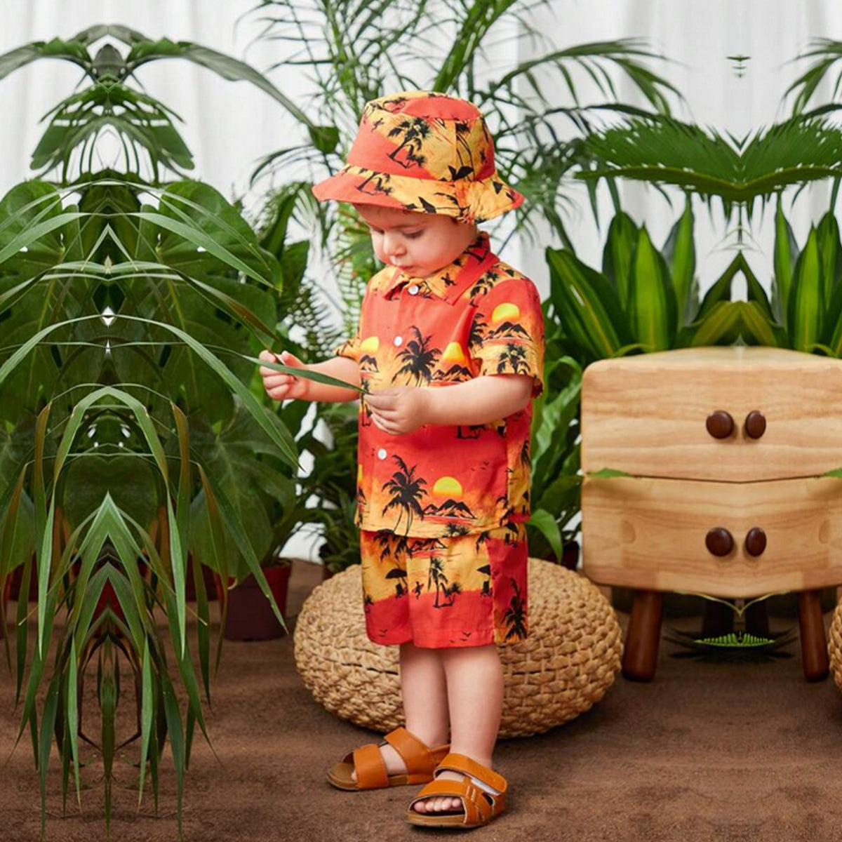 Venutaloza Stylish Kid's Tropical Tree Print Shirt & Shorts Without Cap & Tee Two Piece Set.