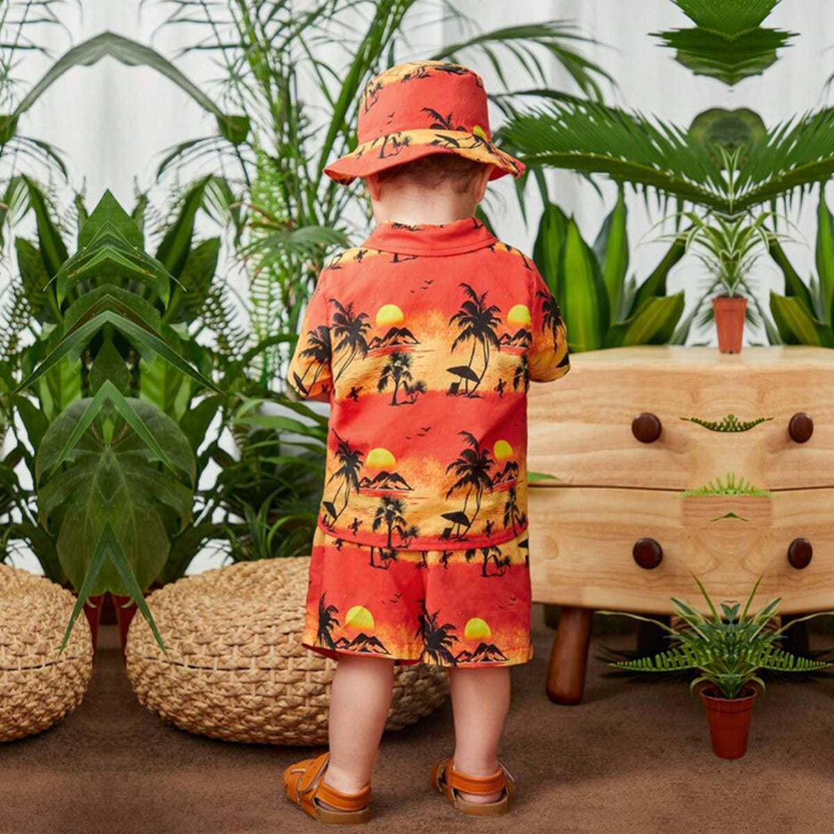 Venutaloza Stylish Kid's Tropical Tree Print Shirt & Shorts Without Cap & Tee Two Piece Set.