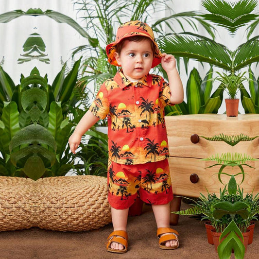Venutaloza Stylish Kid's Tropical Tree Print Shirt & Shorts Without Cap & Tee Two Piece Set.