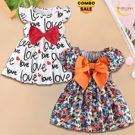 Baby Girl's Multi_color Love Letters Frocks & Puff Sleeve Floral (Combo Pack Of 2)  Frock.
