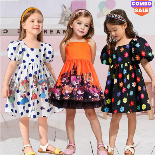 Baby Girl's Floral & Palace_Barbie Frocks (Combo Pack Of 3) for Kids.