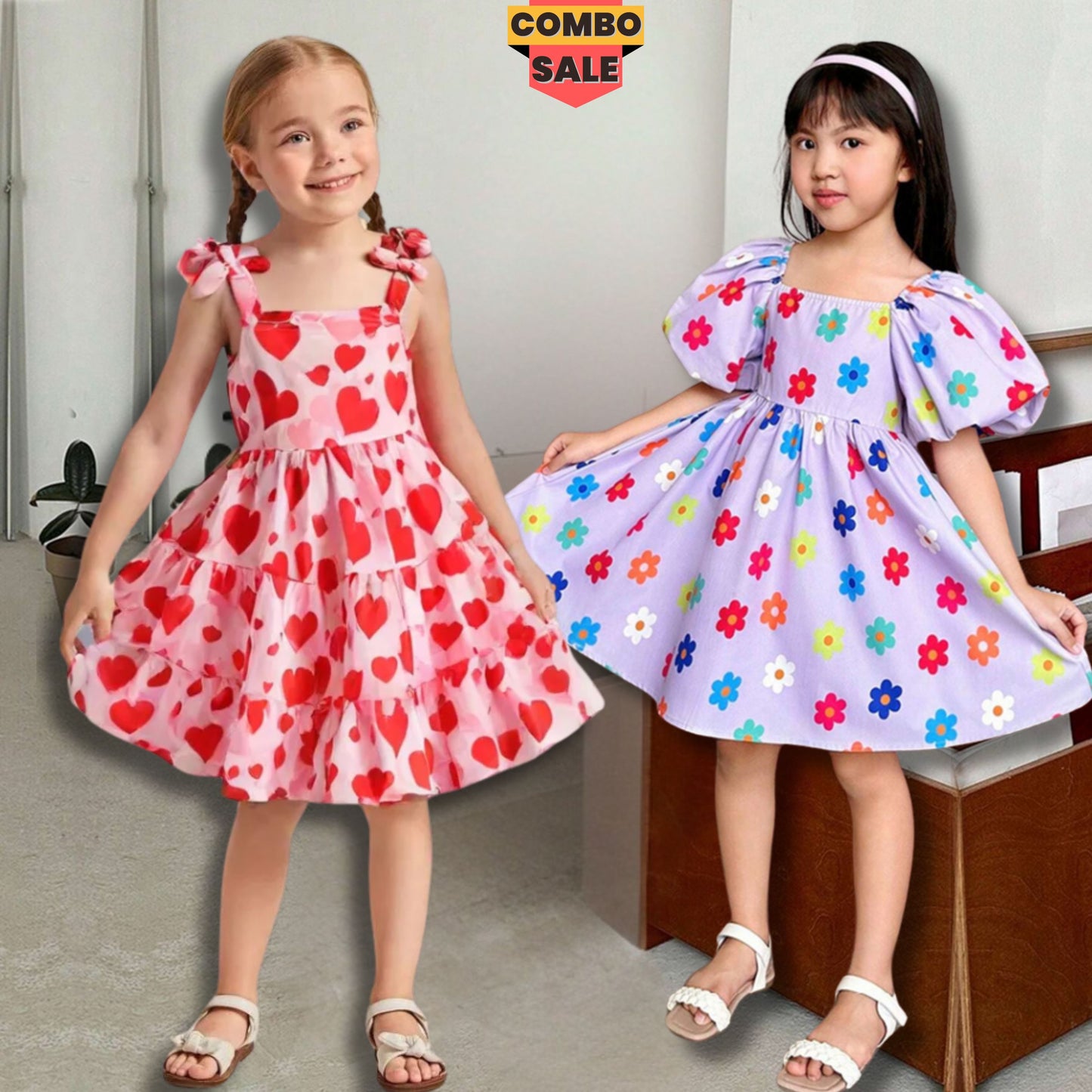 Girl's Toddler Heart Allover & Floral Print Square Collar Balloon Short Sleeve (Combo Pack Of 2) For Girl's.
