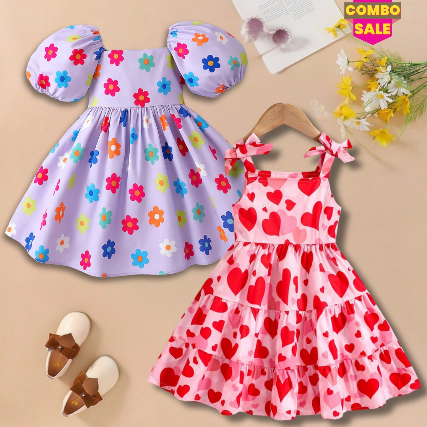 Baby Girl's Floral & Heart's Dress (Combo Pack Of 2) For Girl's.