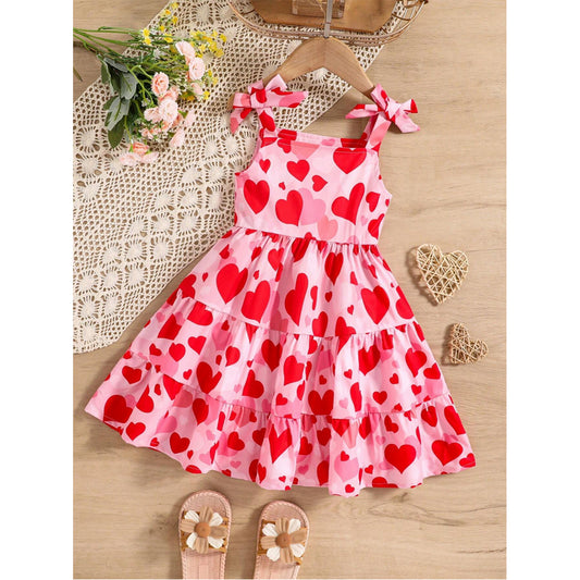 Girl's Fashion Heart Allover Print Sleeveless Bow Ruffle Hem Casual Dresses for Kids.