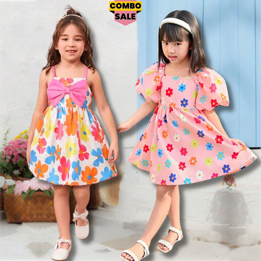 Girl's Toddler Spaghetti Strap Dress & Floral Print Square Neck (Combo Pack Of 2) For Girl's.