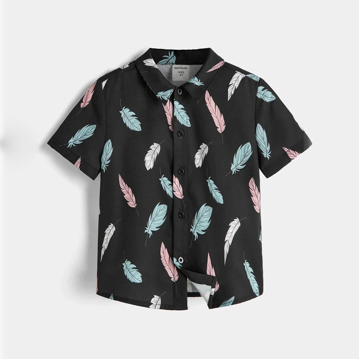 Venutaloza Boys Black Leaf Feather Button Front Shirt For Boy.