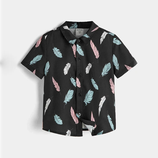 Venutaloza Boys Black Leaf Feather Button Front Shirt For Boy.