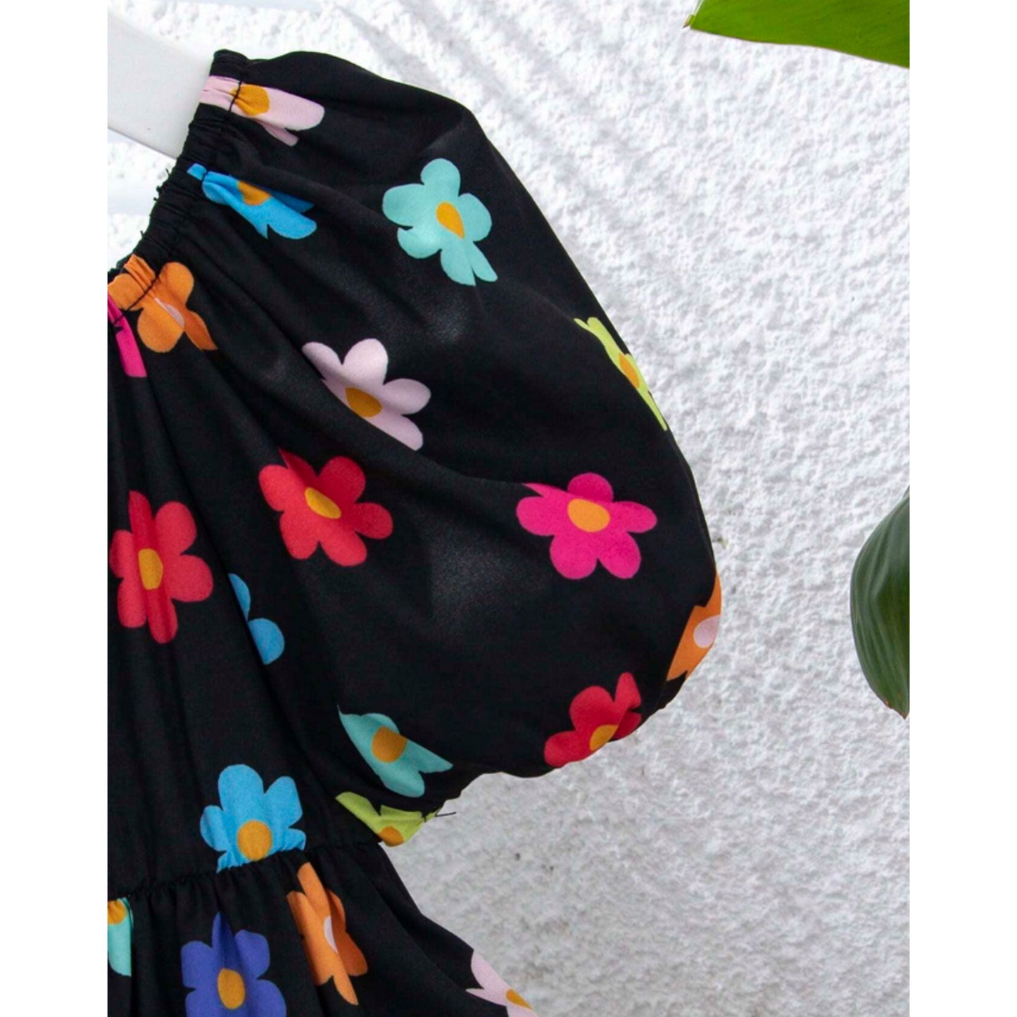 Girls Floral Print Square Neck Puff Sleeve Casual Dress For Spring.