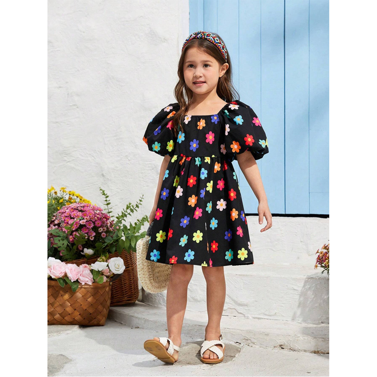 Cute Baby Girl  Casual Bubble Floral Short Sleeve Floral Dress For Girl.