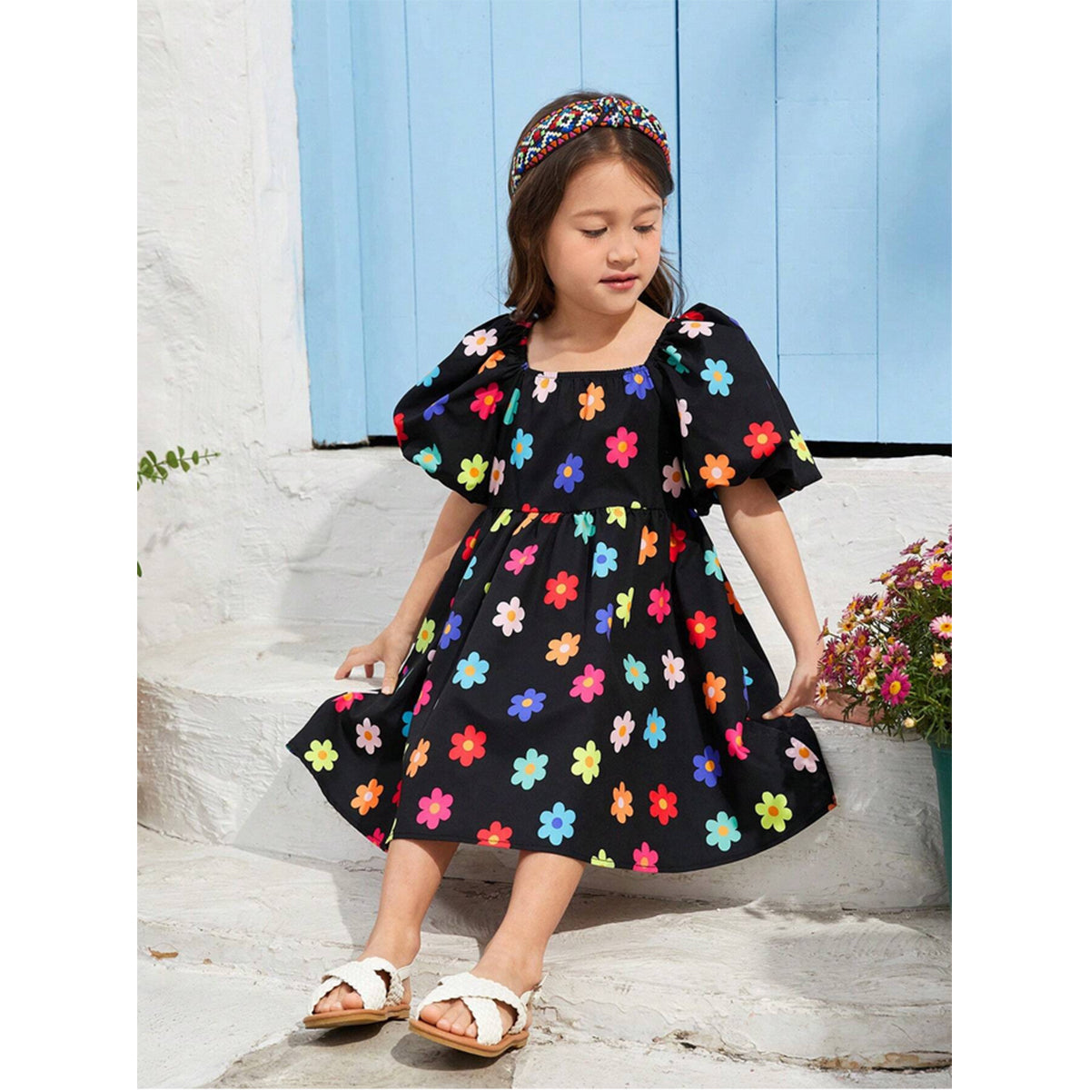 Cute Baby Girl  Casual Bubble Floral Short Sleeve Floral Dress For Girl.