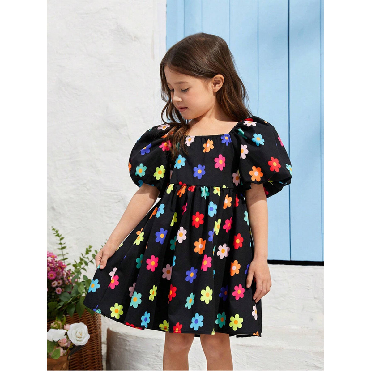 Cute Baby Girl  Casual Bubble Floral Short Sleeve Floral Dress For Girl.