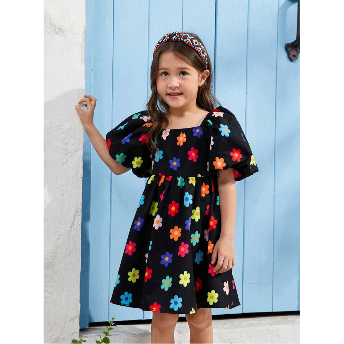 Cute Baby Girl  Casual Bubble Floral Short Sleeve Floral Dress For Girl.
