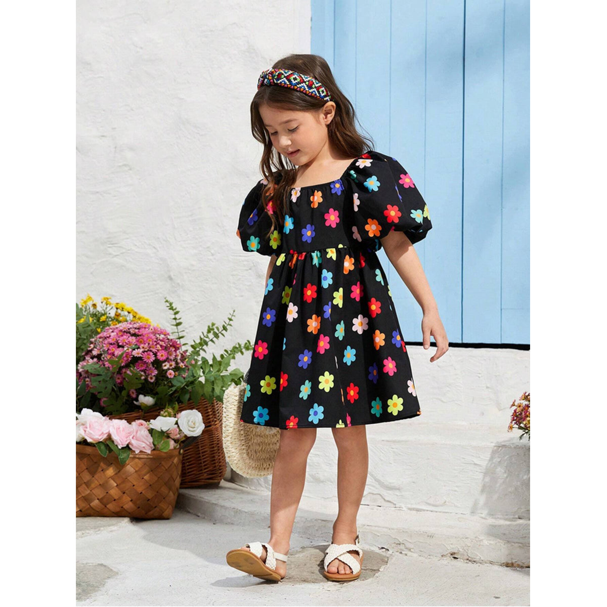 Cute Baby Girl  Casual Bubble Floral Short Sleeve Floral Dress For Girl.