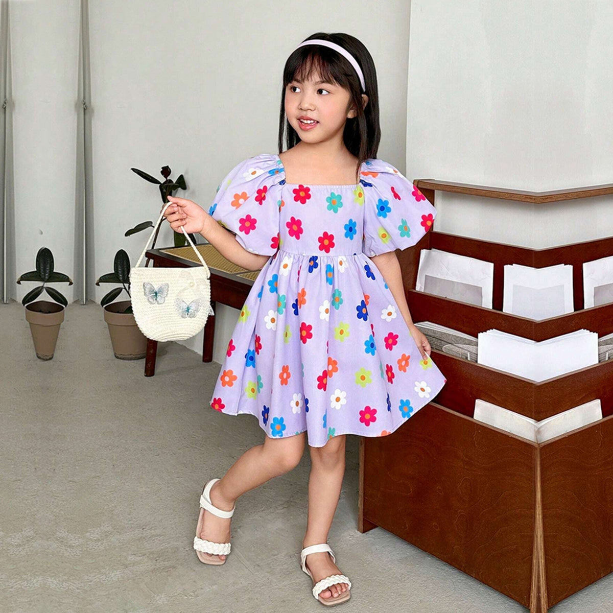 Girl's Toddler Heart Allover & Floral Print Square Collar Balloon Short Sleeve (Combo Pack Of 2) For Girl's.