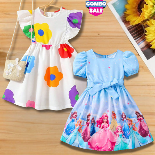 Baby Girl's Puff Sleeve Floral & Heart Cumi Frock (Combo Pack Of 2) For Girl's.