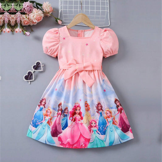 Baby Princess Printed Puff Sleeve Dress With Bowknot Decoration For Girls.