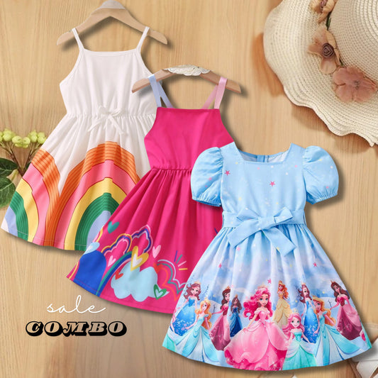 Baby Girl's Floral & Rainbow & Princess Frocks (Combo Pack 3) for Kids.