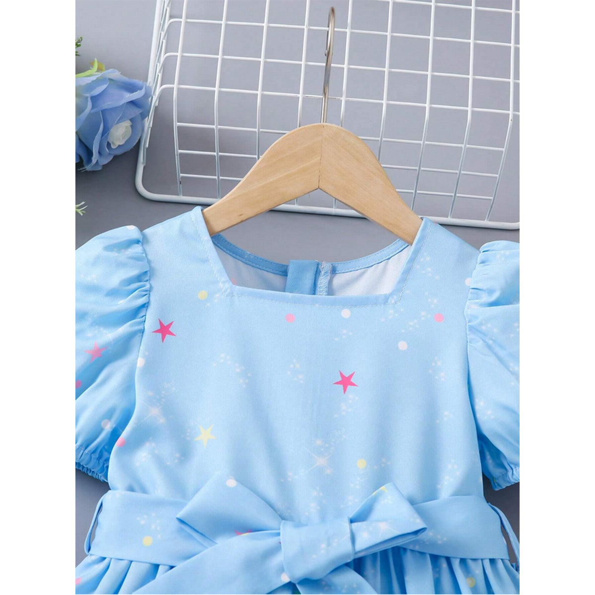 Baby Girl's Printed Puff Sleeve Dress With Bowknot Decoration For Girls.