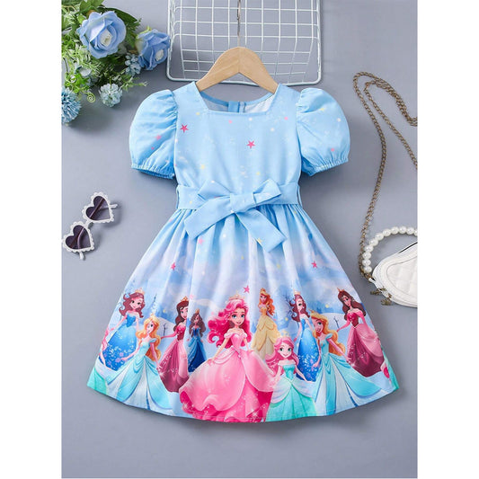 Baby Girl's Printed Puff Sleeve Dress With Bowknot Decoration For Girls.