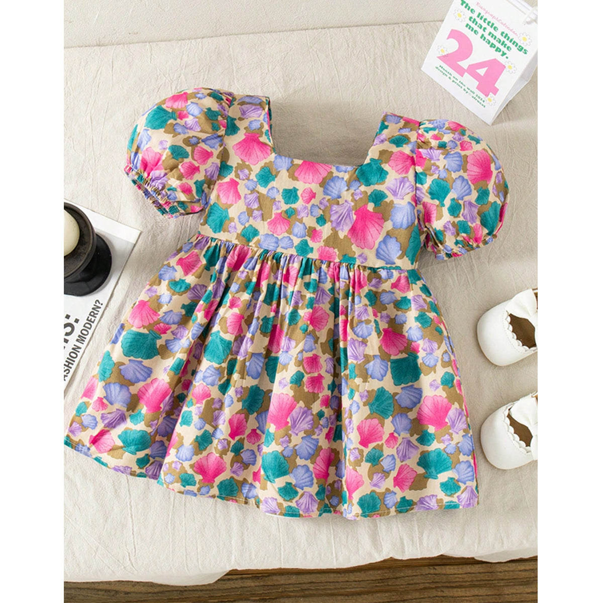 Girl's Puff Sleeve Floral & Black Line Frocks (Combo Pack Of 2) For Baby Girl's.