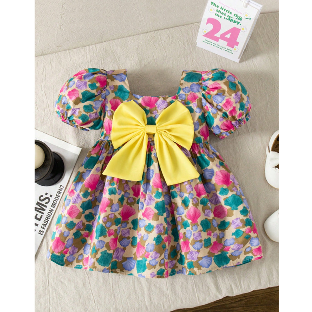 Girl's Puff Sleeve Floral & Black Line Frocks (Combo Pack Of 2) For Baby Girl's.