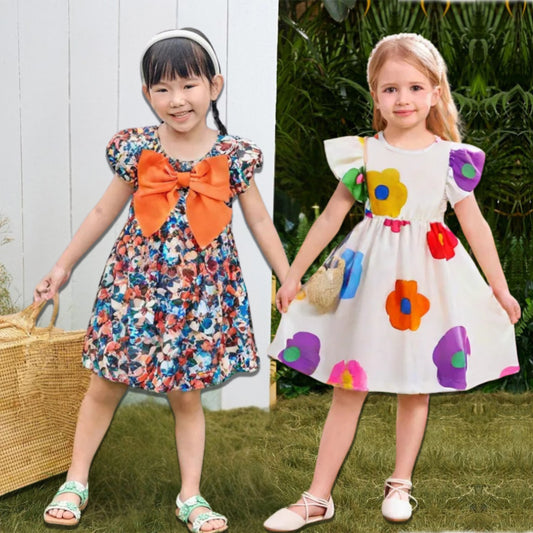 Baby Girl's Puff Sleeve Floral Frock (Combo Pack Of 2) For Girl's.