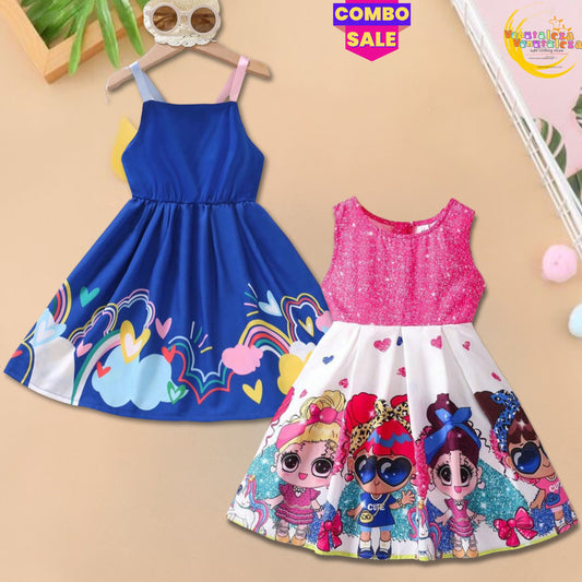 Baby Girl's Barbie & Rainbow Dresses (Combo Pack Of 2) For Girl's.