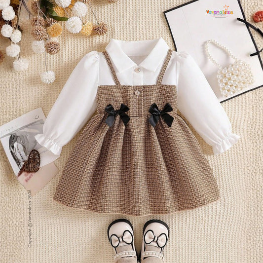 Baby Girls' Collared Puff Sleeve Classic A-Line Frock For Girls.