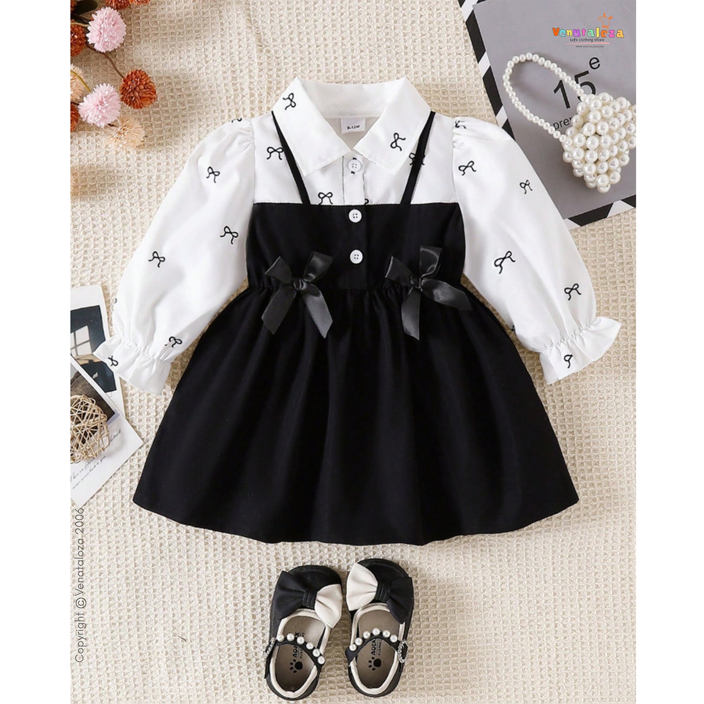 Baby Girls' Collared Puff Sleeve Classic A-Line Frock For Girls.