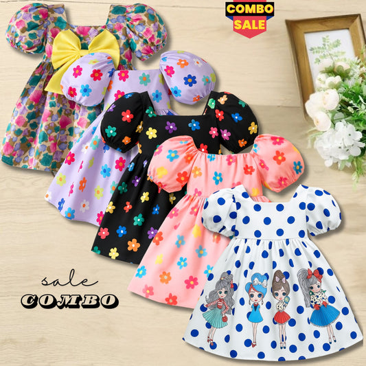 BabyGirl's Cotton Floral Multicolor Designer Frocks & Dresses (Combo Pack Of 5) for Kids.