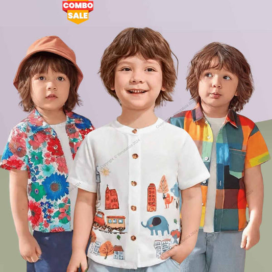 Venutaloza Boy's London City & Floral and Plaid Patched Pocket Designer Button Front (Combo Pack Of 3) Shirt For Boy.