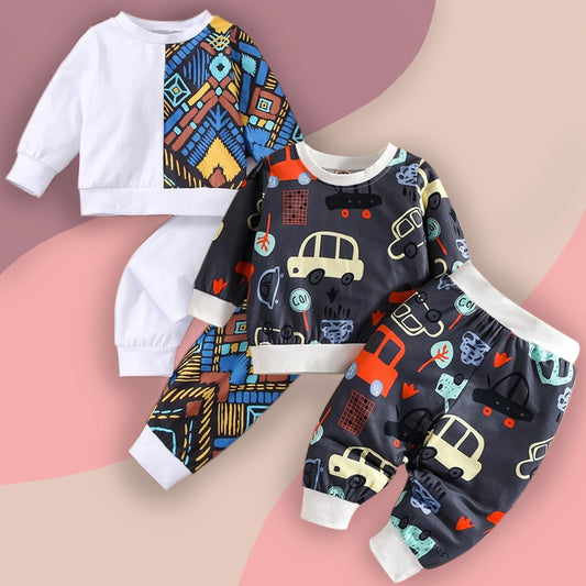 Venutaloza Stylish Baby Set White Thermal Print & Car & Tree Pullover Design (Combo Pack Of 2) T-Shirt & Pants.