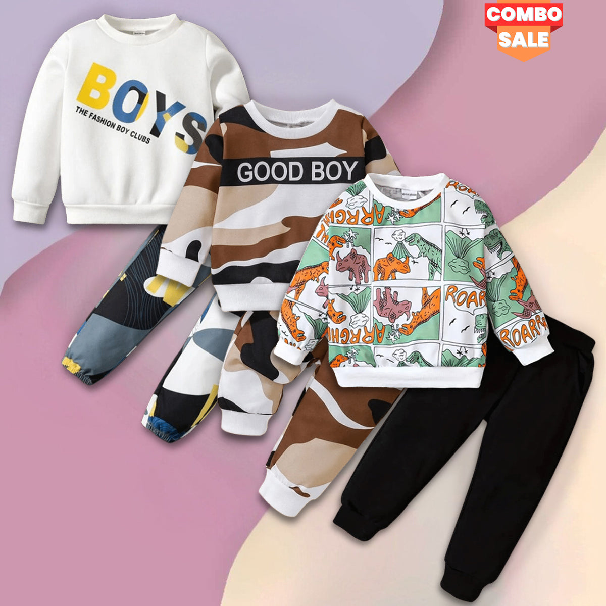 Venutaloza Stylish Baby Set Good Boy & Colorblock Dinosaur  & Boys Letters (Combo Pack Of 3) T-Shirt & Pants.