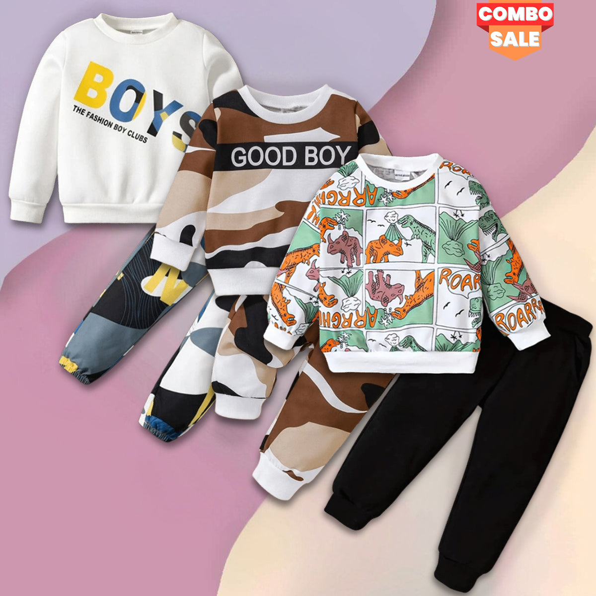 Venutaloza Stylish Baby Set Good Boy & Colorblock Dinosaur  & Boys Letters (Combo Pack Of 3) T-Shirt & Pants.