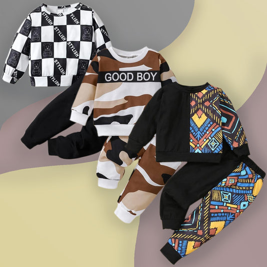 Venutaloza Stylish Baby Set Black Graphic Print & Checkerboard & Color-Block Letter (Combo Pack Of 3) T-Shirt & Pants.