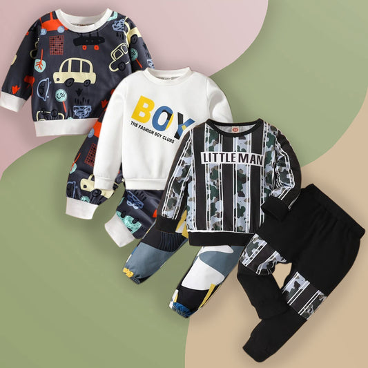 Venutaloza Stylish Baby Set Car-Tree Pullover& Letter Graphic & Alphabet Boys Letter (Combo Pack Of 3) T-Shirt & Pants.