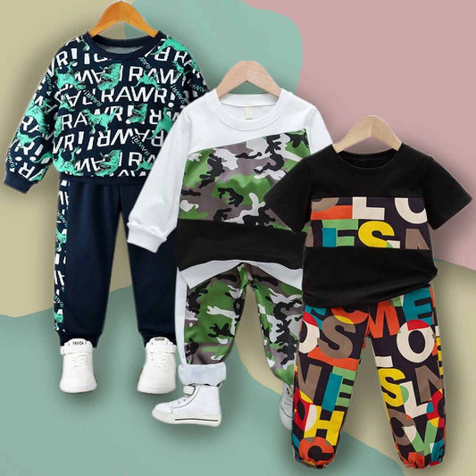 Venutaloza Stylish Baby Set Dinosaur Animal & Tie Dye Fleece & Letter Graphic & Alphabet Letter (Combo Pack Of 3) T-Shirt & Pants.
