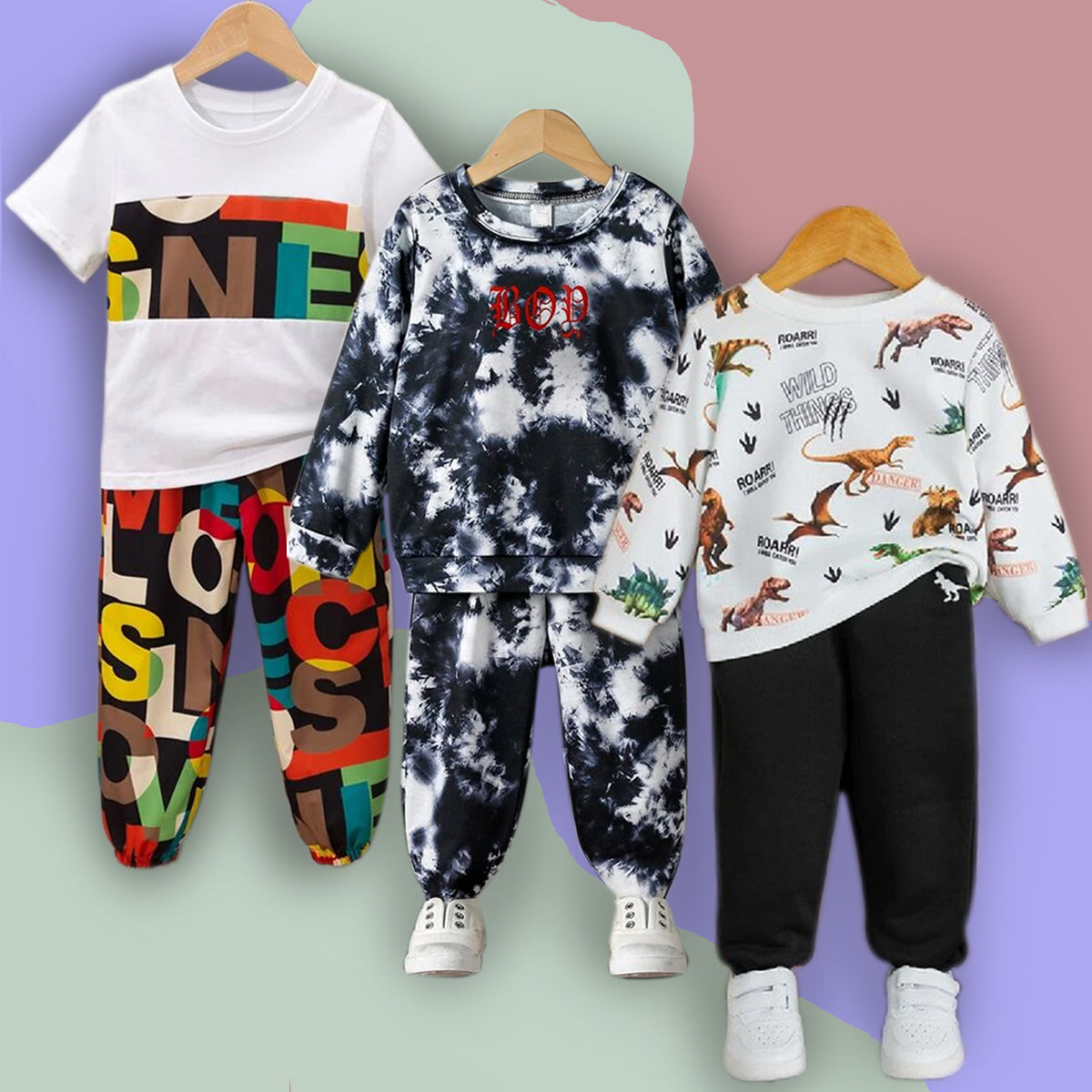 Venutaloza Stylish Baby Set Letters & Dinosaur Animal & Tie Dye Fleece (Combo Pack Of 3) T-Shirt & Pants.