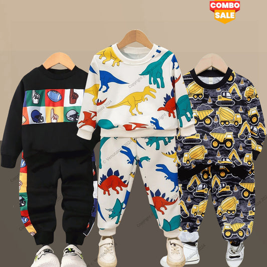 Venutaloza Stylish Baby Set Dinosaur Animal & Truck Fleece &  Round Neck Cartoon (Combo Pack Of 3) T-Shirt & Pants.